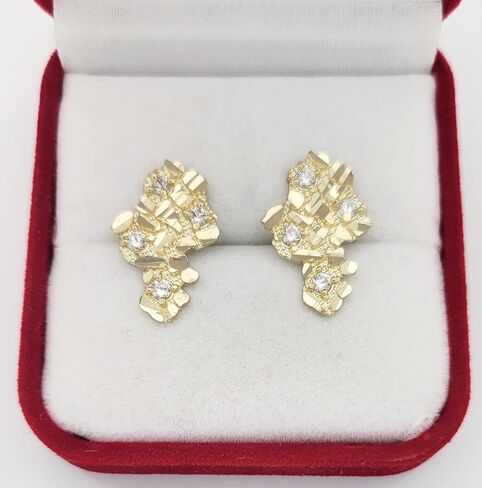 Mens 10k Yellow Gold Nugget Earrings With CZ in Kuwait
