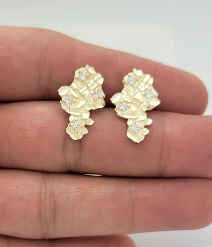 Mens 10k Yellow Gold Nugget Earrings With CZ in Kuwait