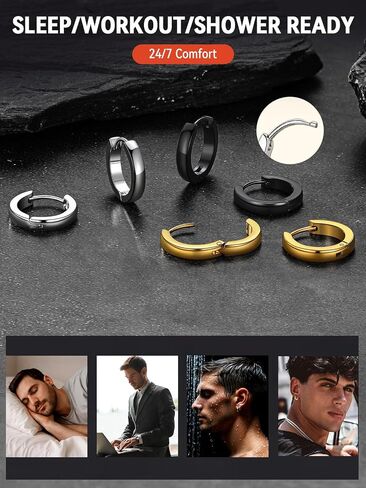 SMORI Mens Womens Hoop Earrings Gold/Silver Plated/Black Small Hoop Earring Set for Women Men Stainless Steel Huggie Earrings Hypoallergenic Lightweight Sleeper Earring Cartilage Ear Piercing in Kuwait
