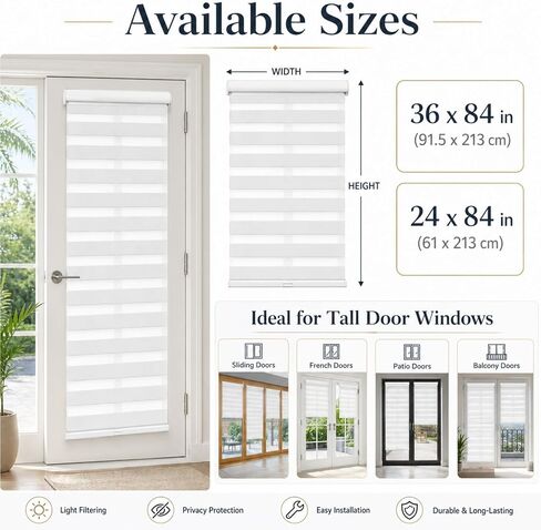 Tingjoo 2 Set 36 x 84 Inch Self Adhesive Zebra Blinds for Sliding Door Adjustable French Door Cordless Blind Sheer Shades Light Filtering Privacy Blinds 2 Ways to Install White for French Doors in Kuwait