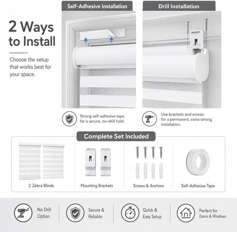 Tingjoo 2 Set 36 x 84 Inch Self Adhesive Zebra Blinds for Sliding Door Adjustable French Door Cordless Blind Sheer Shades Light Filtering Privacy Blinds 2 Ways to Install White for French Doors in Kuwait