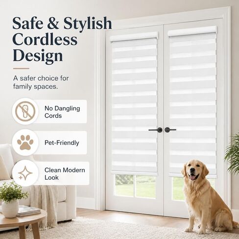 Tingjoo 2 Set 36 x 84 Inch Self Adhesive Zebra Blinds for Sliding Door Adjustable French Door Cordless Blind Sheer Shades Light Filtering Privacy Blinds 2 Ways to Install White for French Doors in Kuwait