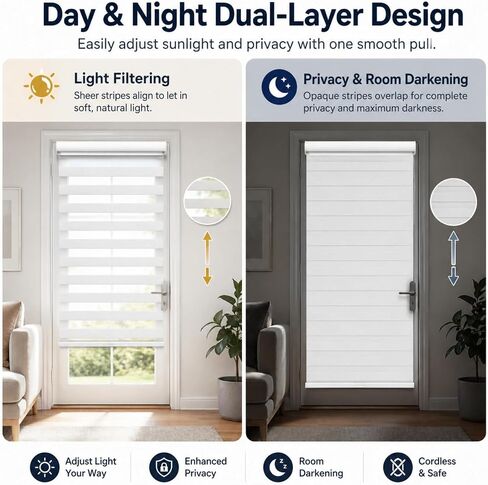 Tingjoo 2 Set 36 x 84 Inch Self Adhesive Zebra Blinds for Sliding Door Adjustable French Door Cordless Blind Sheer Shades Light Filtering Privacy Blinds 2 Ways to Install White for French Doors in Kuwait