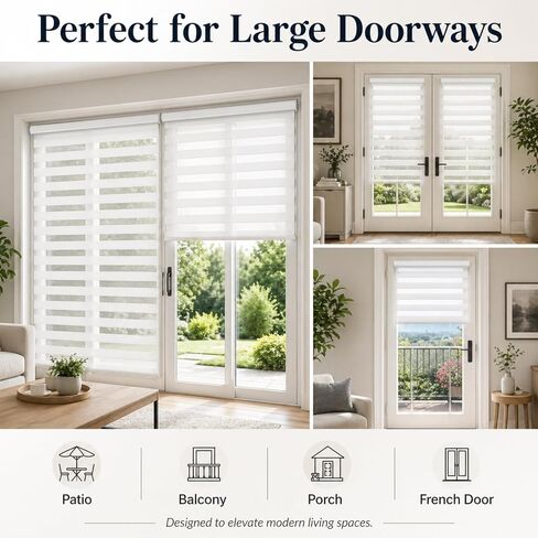 Tingjoo 2 Set 36 x 84 Inch Self Adhesive Zebra Blinds for Sliding Door Adjustable French Door Cordless Blind Sheer Shades Light Filtering Privacy Blinds 2 Ways to Install White for French Doors in Kuwait