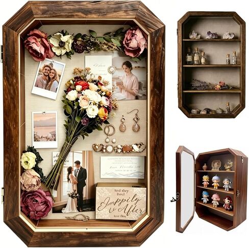 AMZWKT Shadow Box Frame, 10x16 Carbonized Brown Display Case with Linen Back & Detachable Shelves for Wedding Bouquet, Photos, Medals, Collectibles, Souvenirs & Home Wall Decor in Saudi Arabia