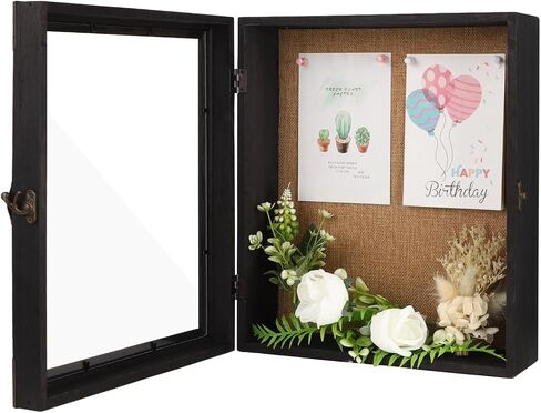 Black Deep Shadow Box Frame Display Case - 13 x 11 x 3.5 in, Wooden Rustic Wood, Hinged Door, Memory Box for Collectibles, Medals, Photos, Wedding Bouquet, Home Decoration, Black in Saudi Arabia