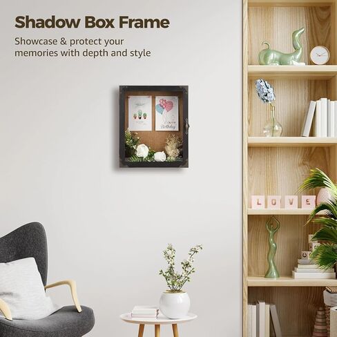 Black Deep Shadow Box Frame Display Case - 13 x 11 x 3.5 in, Wooden Rustic Wood, Hinged Door, Memory Box for Collectibles, Medals, Photos, Wedding Bouquet, Home Decoration, Black in Saudi Arabia
