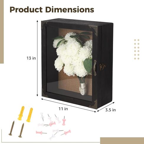 Black Deep Shadow Box Frame Display Case - 13 x 11 x 3.5 in, Wooden Rustic Wood, Hinged Door, Memory Box for Collectibles, Medals, Photos, Wedding Bouquet, Home Decoration, Black in Saudi Arabia