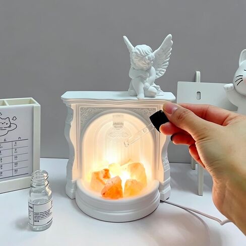 Angel Aroma Diffuser Set with Himalayan Salt & Fireplace Light, Passive Essential Oil Diffuser with White Tea Oil, Home Fragrance Decor for Bedroom, Bathroom, Office, Gift for Women in Saudi Arabia