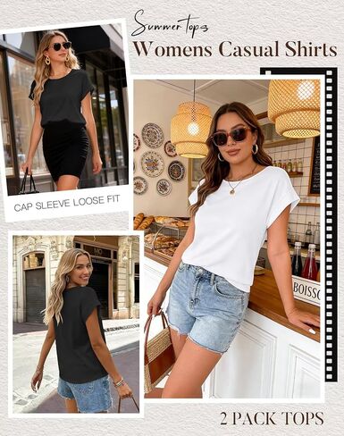 2Pack Womens T Shirts Cap Sleeve 2026 Spring Summer Tops Crewneck Casual Business Fashion Clothes Loose Fit Outfits in Kuwait