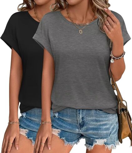 2Pack Womens T Shirts Cap Sleeve 2026 Spring Summer Tops Crewneck Casual Business Fashion Clothes Loose Fit Outfits in Kuwait