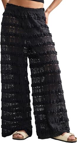 Yimoon Women's Crochet Lace Pants Flowy Mesh Ruffle Layered Swimsuit Cover Up Beach Pants in Kuwait