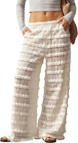 Yimoon Women's Crochet Lace Pants Flowy Mesh Ruffle Layered Swimsuit Cover Up Beach Pants in Kuwait