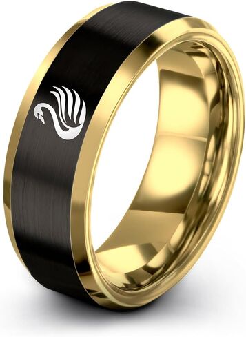 Swan Ring - Gift for Nature Fan - Personalized Custom Engraving - Black Yellow Gold Silver - Brushed Polished - Tungsten Carbide - Flat Dome Bevel - Band - 8mm - Men Women - Anniversary Wedding in Kuwait