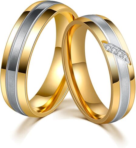 18K White/Yellow Gold Plated Stainless Steel Couple Rings, 6mm Brushed Wedding Bands with 5A Cubic Zirconia, Matching Promise Rings for Women & Men Size 5-12 in Kuwait