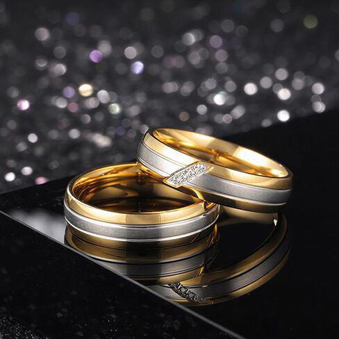 18K White/Yellow Gold Plated Stainless Steel Couple Rings, 6mm Brushed Wedding Bands with 5A Cubic Zirconia, Matching Promise Rings for Women & Men Size 5-12 in Kuwait