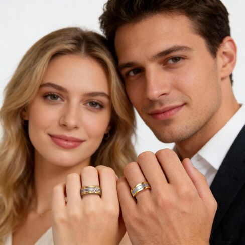 18K White/Yellow Gold Plated Stainless Steel Couple Rings, 6mm Brushed Wedding Bands with 5A Cubic Zirconia, Matching Promise Rings for Women & Men Size 5-12 in Kuwait