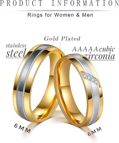 18K White/Yellow Gold Plated Stainless Steel Couple Rings, 6mm Brushed Wedding Bands with 5A Cubic Zirconia, Matching Promise Rings for Women & Men Size 5-12 in Kuwait