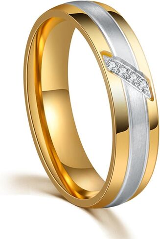 18K White/Yellow Gold Plated Stainless Steel Couple Rings, 6mm Brushed Wedding Bands with 5A Cubic Zirconia, Matching Promise Rings for Women & Men Size 5-12 in Kuwait