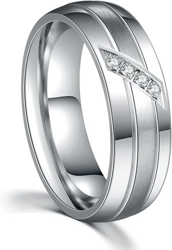 18K White/Yellow Gold Plated Stainless Steel Couple Rings, 6mm Brushed Wedding Bands with 5A Cubic Zirconia, Matching Promise Rings for Women & Men Size 5-12 in Kuwait