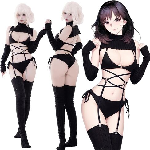 Japanese Knit Anime Cosplay Set for Women Ribbed 7-Piece Outfit with Arm Warmers & Socks S-M in Kuwait