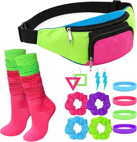 80s Neon Workout Costume Accessories Set 12 PCS Retro Fanny Pack Scrunchies Earrings Silicone Wristband Slouch Socks for Yoga Running Party Halloween in Saudi Arabia