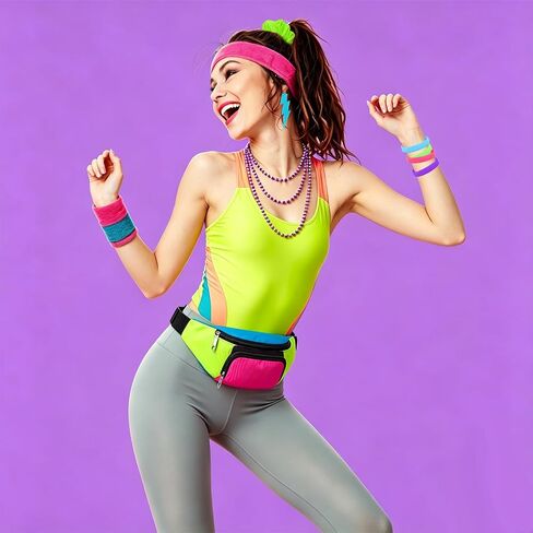 80s Neon Workout Costume Accessories Set 12 PCS Retro Fanny Pack Scrunchies Earrings Silicone Wristband Slouch Socks for Yoga Running Party Halloween in Saudi Arabia
