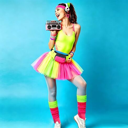 80s Neon Workout Costume Accessories Set 12 PCS Retro Fanny Pack Scrunchies Earrings Silicone Wristband Slouch Socks for Yoga Running Party Halloween in Saudi Arabia