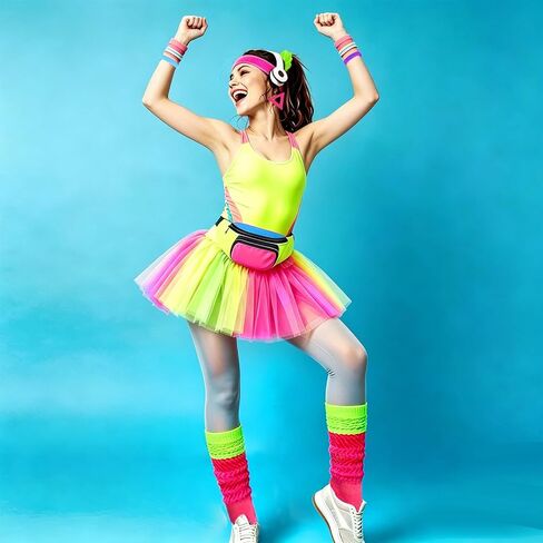 80s Neon Workout Costume Accessories Set 12 PCS Retro Fanny Pack Scrunchies Earrings Silicone Wristband Slouch Socks for Yoga Running Party Halloween in Saudi Arabia