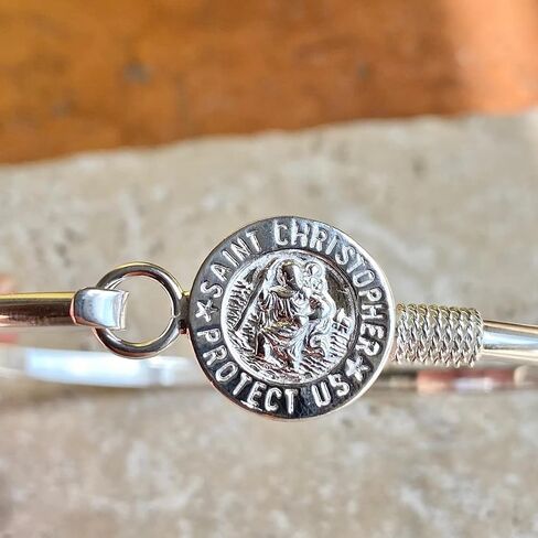 JewelryWeb - 925 Sterling Silver Saint Christopher Medal Hook Bangle Bracelet - St Christopher Bracelet for Women - Protection Bracelet - Layering Bangle Bracelet in Kuwait