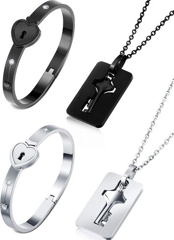 Hicarer 2 Sets Lock Bracelet and Key Necklace Titanium Steel Couples Jewelry Set Romantic Gift for Valentines Day, Birthday, Wedding, Anniversary(Classic Styles) in Kuwait