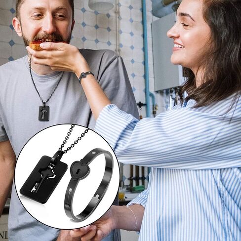 Hicarer 2 Sets Lock Bracelet and Key Necklace Titanium Steel Couples Jewelry Set Romantic Gift for Valentines Day, Birthday, Wedding, Anniversary(Classic Styles) in Kuwait