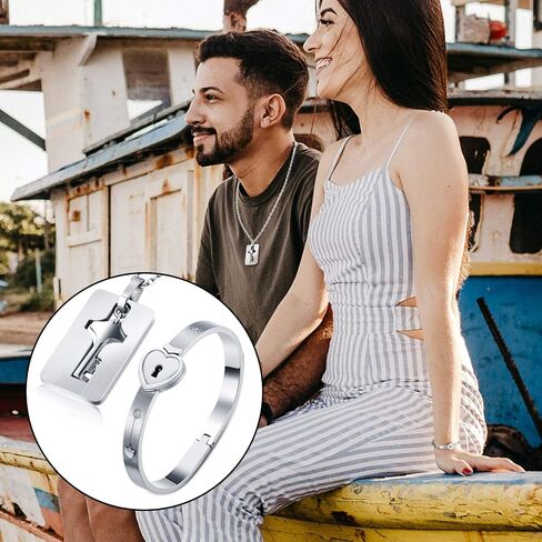 Hicarer 2 Sets Lock Bracelet and Key Necklace Titanium Steel Couples Jewelry Set Romantic Gift for Valentines Day, Birthday, Wedding, Anniversary(Classic Styles) in Kuwait