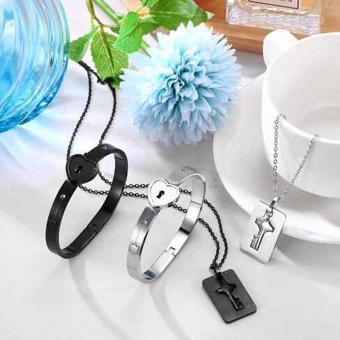 Hicarer 2 Sets Lock Bracelet and Key Necklace Titanium Steel Couples Jewelry Set Romantic Gift for Valentines Day, Birthday, Wedding, Anniversary(Classic Styles) in Kuwait