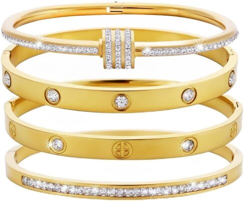 Gold Bangles for Women, 4 Pcs 18K Gold Plated Stainless Steel Stackable Bangle Bracelets, Non Tarnish CZ Bangles Set, Trendy Jewelry Gifts for Women in Kuwait