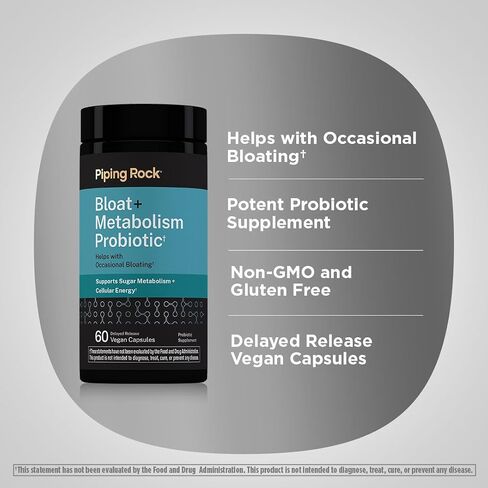 Piping Rock Bloat and Metabolism Probiotic | 60 Capsules | 14 Strain Probiotic Blend | Supports Regularity, Sugar Metabolism, and Cellular Energy for Men and Women | Non-GMO and Gluten Free in Kuwait