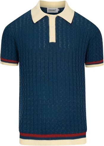 OXKNIT Men's Knit Short Sleeve Shirt Retro Simple Texture Cable Knitted Polo Shirt Blue Cotton Polo with Quarter Button in Saudi Arabia