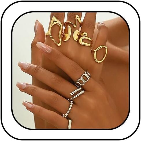 9Pcs Dainty Chunky Gold Knuckle Rings Set Stackable for Women, Statement Thick Hollow Oval Huggie Wavy Mixed Metal Joint Midi Finger Open Ring Pack Jewelry in Saudi Arabia