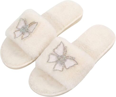 Womens Fuzzy Slippers Faux Fur Slides Sparkling Rhinestone Butterfly Elegant House Shoes Indoor Home Bathroom Winter Fall Spring Non Slip Open Toe Luxury Comfort Gift Set in Saudi Arabia