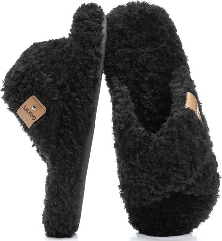 GOEWY Fuzzy Open-Toe Slippers for Women,Memory Foam Soft Indoor Outdoor Cross Band Women's Slipper,Anti-Slip House Shoes Slip On Gifts for Women Her Mom in Saudi Arabia