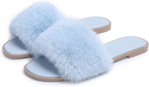 Women's Faux Rabbit Fur Slippers Fuzzy Soft Plush Slides Comfortable Flat Sandals for Indoor Outdoor House Bedroom Spa Casual Wear in Saudi Arabia