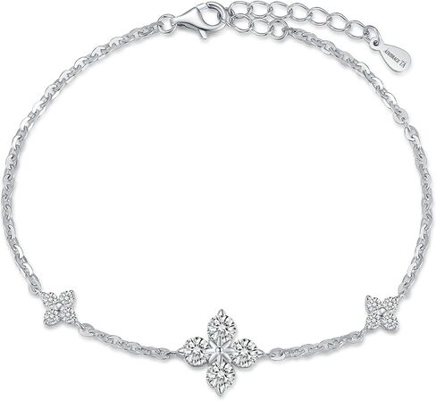 ÀIMBRACE Moissanite Bracelets for Women: Moissanite Link Clover Charm Bracelet, 925 Sterling Silver/18K White Gold Plated/Rhodium Finish, Adjustable, Clover Station, Fine Jewelry Gift Ideas for Women in Saudi Arabia