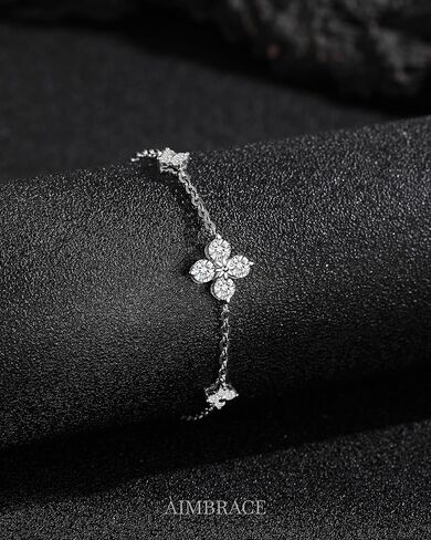ÀIMBRACE Moissanite Bracelets for Women: Moissanite Link Clover Charm Bracelet, 925 Sterling Silver/18K White Gold Plated/Rhodium Finish, Adjustable, Clover Station, Fine Jewelry Gift Ideas for Women in Saudi Arabia
