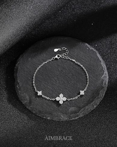 ÀIMBRACE Moissanite Bracelets for Women: Moissanite Link Clover Charm Bracelet, 925 Sterling Silver/18K White Gold Plated/Rhodium Finish, Adjustable, Clover Station, Fine Jewelry Gift Ideas for Women in Saudi Arabia