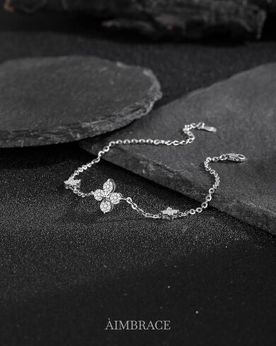 ÀIMBRACE Moissanite Bracelets for Women: Moissanite Link Clover Charm Bracelet, 925 Sterling Silver/18K White Gold Plated/Rhodium Finish, Adjustable, Clover Station, Fine Jewelry Gift Ideas for Women in Saudi Arabia