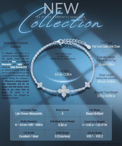 ÀIMBRACE Moissanite Bracelets for Women: Moissanite Link Clover Charm Bracelet, 925 Sterling Silver/18K White Gold Plated/Rhodium Finish, Adjustable, Clover Station, Fine Jewelry Gift Ideas for Women in Saudi Arabia