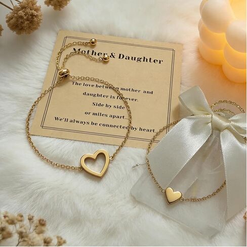 Mother Daughter Bracelets 18K Gold Plated for Mothers Day Birthday Friend Gifts, Heart Jewelry Mommy and Me Bracelets for Women, Adjustable Matching Friendship Bracelets in Saudi Arabia