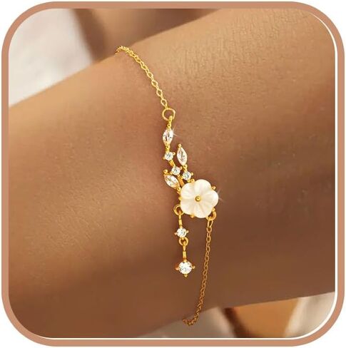 Graduation Gifts 925 Sterling Silver White Shell Flower Bracelet for Women Dainty 14K Gold Plated Cute Floral Lucky Leaf CZs Charm Chain Bracelet to Daugther Mom Elegant Link Wedding Jewelry Gifts in Saudi Arabia