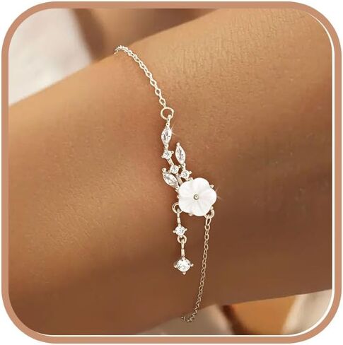 Graduation Gifts 925 Sterling Silver White Shell Flower Bracelet for Women Dainty 14K Gold Plated Cute Floral Lucky Leaf CZs Charm Chain Bracelet to Daugther Mom Elegant Link Wedding Jewelry Gifts in Saudi Arabia