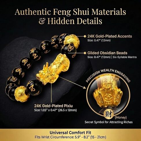 Feng Shui Bracelet Genuine Black Obsidian Bead, Lucky Buddha Amulet for Men Women, 24K Gold Plated Pixiu Attract Dragon Wealth & Protection, Money Chinese Good Fortune Elastic Healing Jewelry in Kuwait